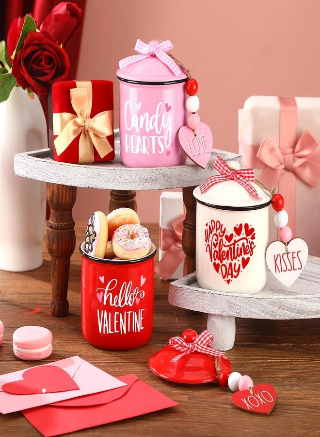 Nitial 3 Pcs Valentine Day Tiered Tray Decoration Ceramic Canister Valentine Bowl Candy Holder with Buffalo Plaid Bowknot Decorative Jar Decorative for Farmhouse Table Home - Image 2